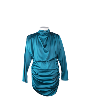 Imagem de VESTIDO GOLA ALTA DE CETIM AZUL PETROLEO PLUS SIZE