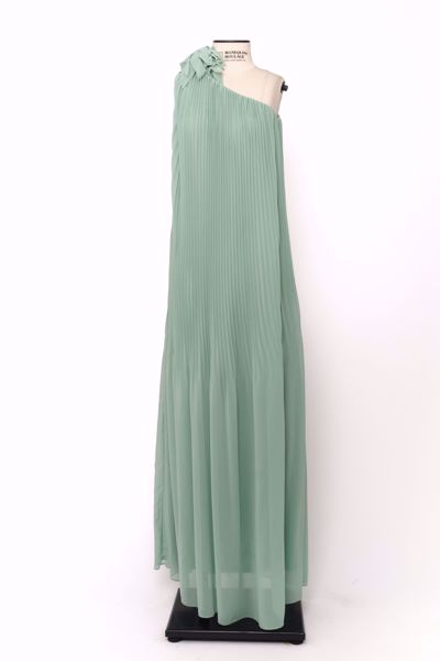 Imagem de VESTIDO LONGO PLISSADO VERDE MENTA 1 OMBRO UNICO FLOR