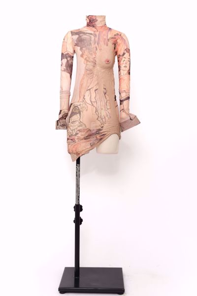 Imagem de VESTIDO TULE BEGE NUDE ESTAMPADO ROSTO MANGA LONGA GOLA ALTA SEIO BORRACHA